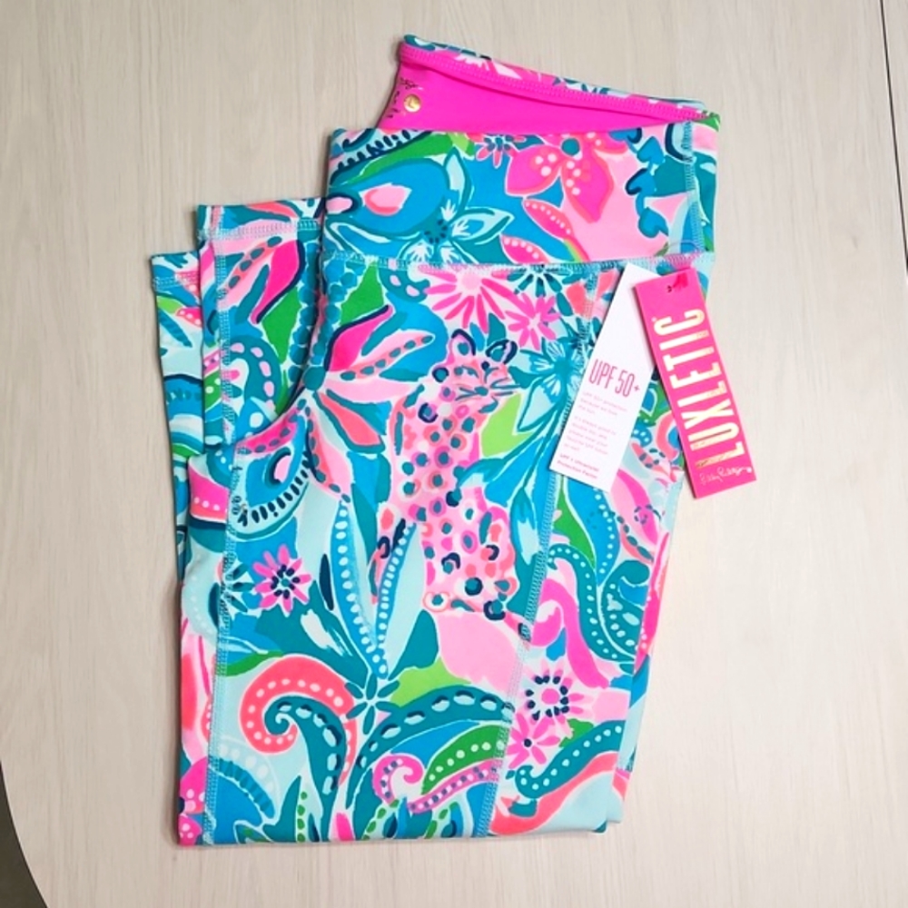 Lilly Pulitzer 💖 Luxletic Weekender Crop 💚 Turquoise Oasis Golden Hour 🦩 Sz L